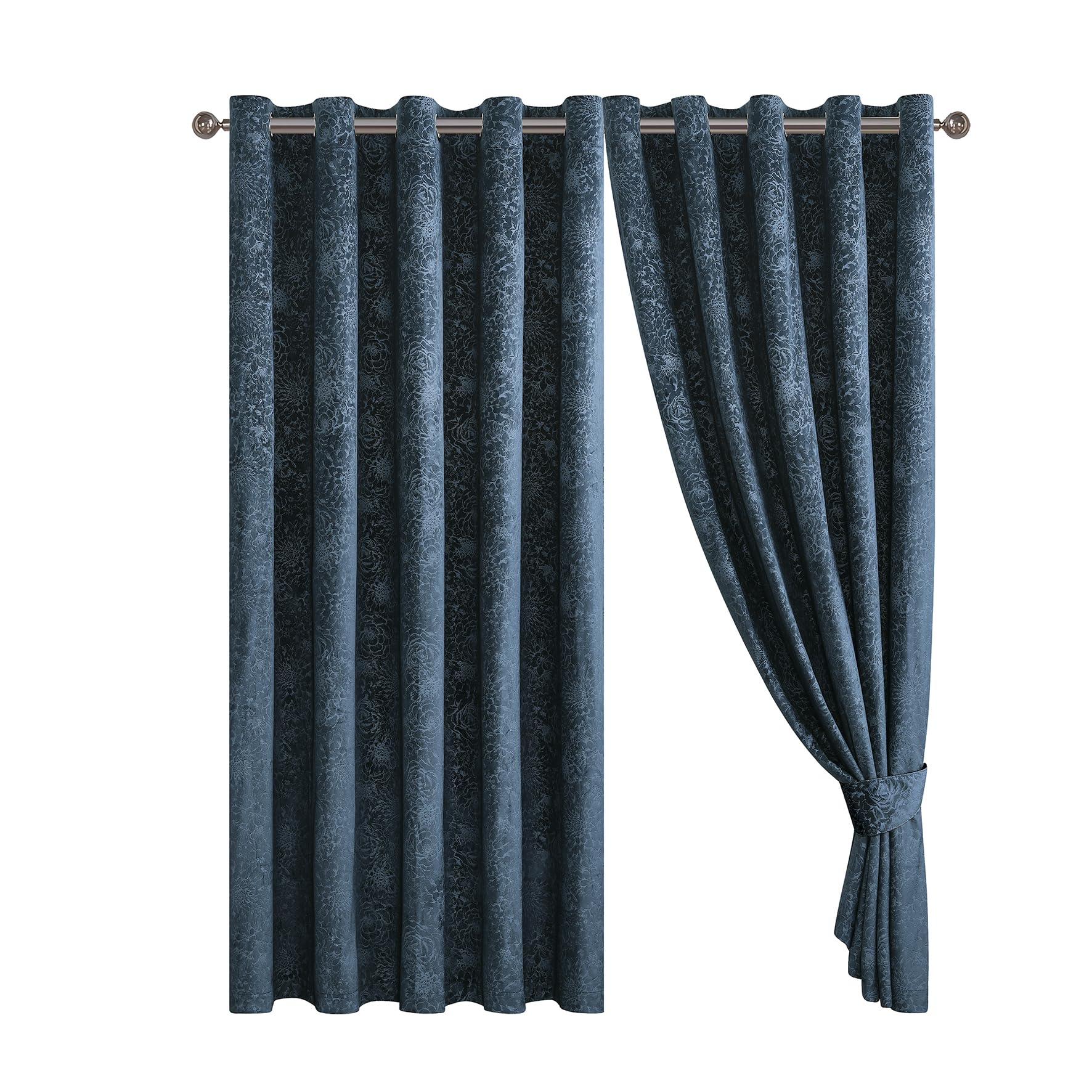 Floral Jacquard Velvet Curtain Pair - Heavyweight and Noise Reducing - Room Darkening Eyelet - Fully Lined for Thermal Insulation - Includes Two Tiebacks (Navy, 66" x 72" (168 x 183 cm))