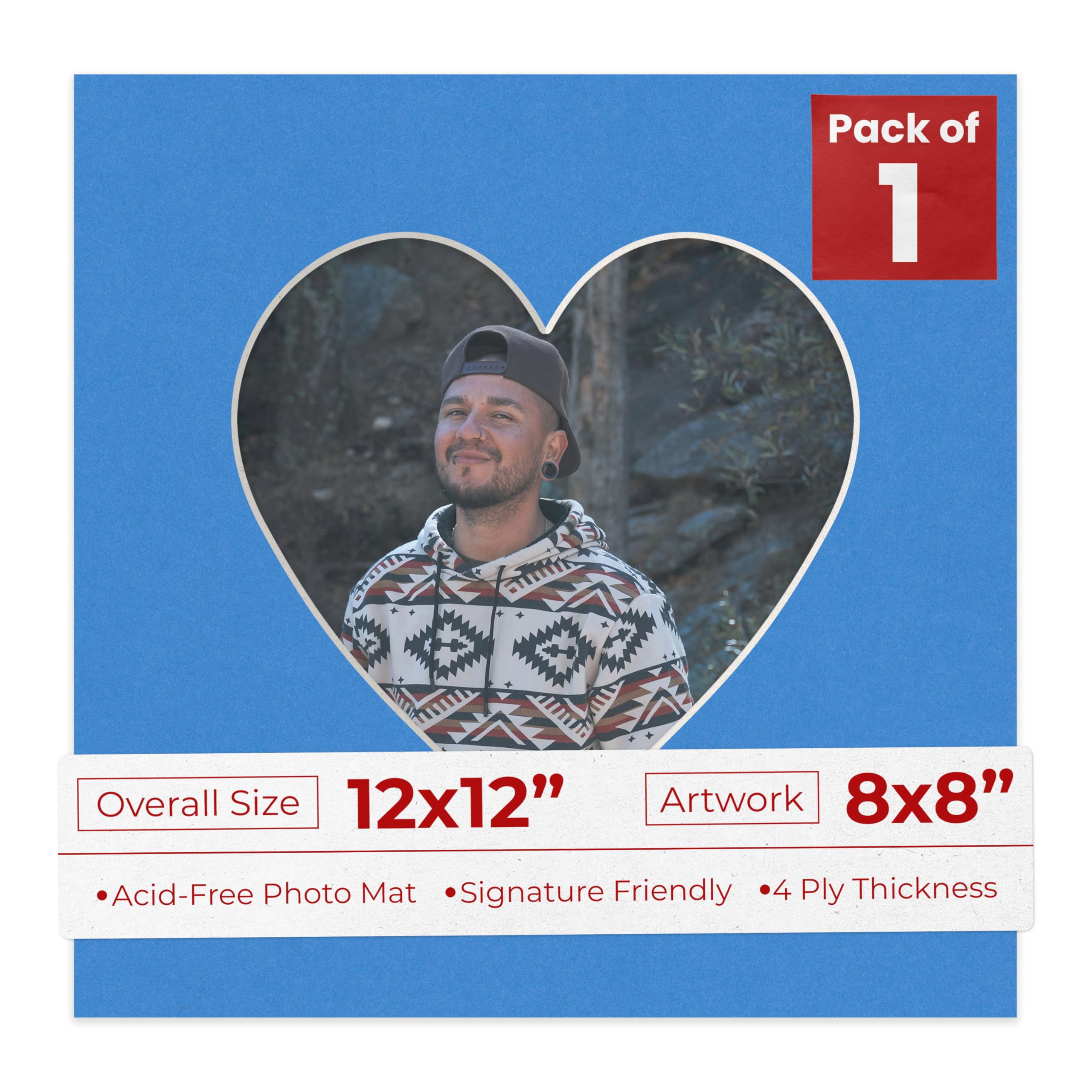 12x12 Mat Bevel Cut for 8x8 Photos - Precut Bay Blue Heart Shaped Photo Mat Board Opening - Acid Free Matte to Protect Your Pictures - Bevel Cut for Family Photos, Pack of 1 Matboard Show Kit With-picture-17
