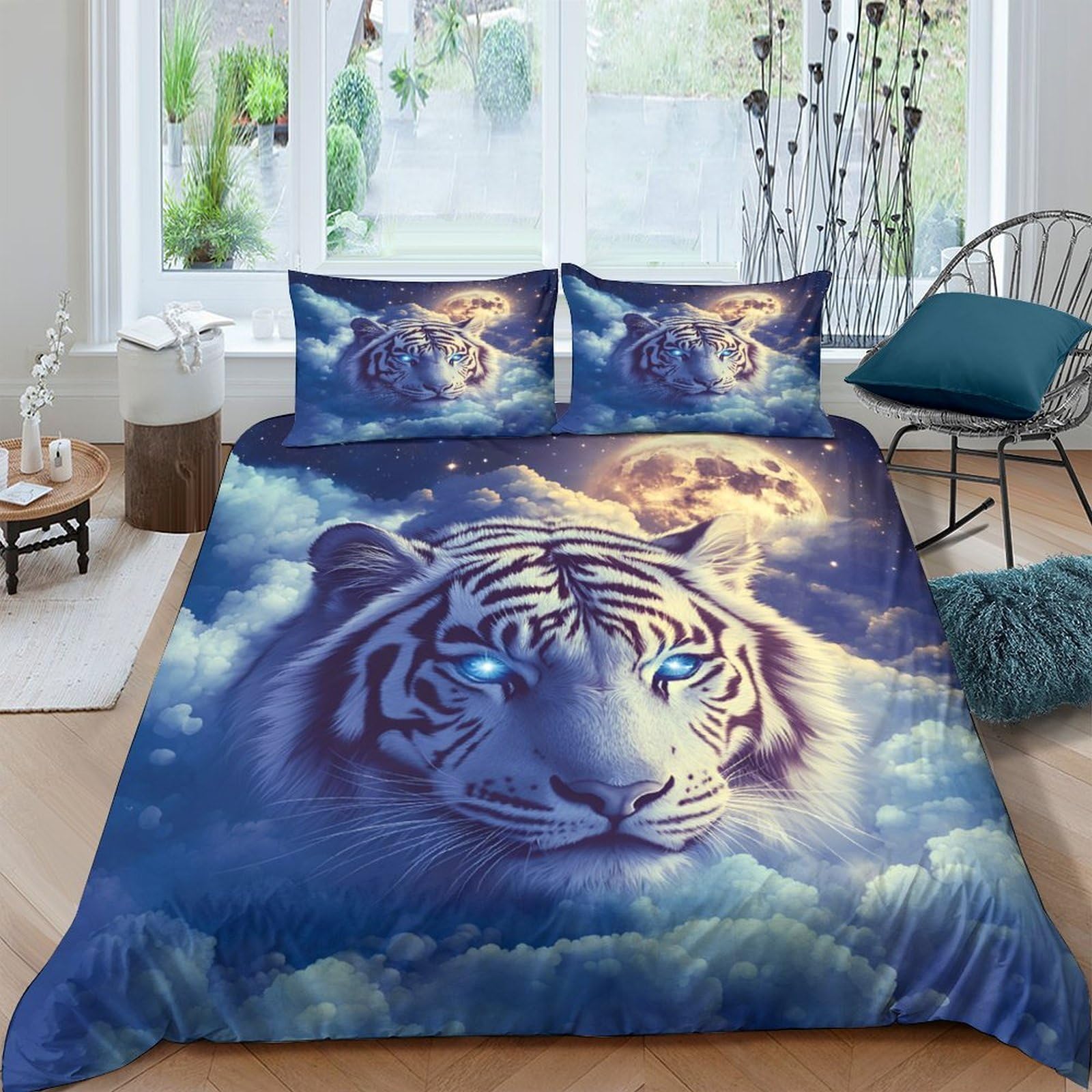 Ctjqhvkz Style-3 3D Printed Moonlight Tiger Fitted Sheet Microfiber Soft Decorative Bed Cover For Bedroom Guest Room Mattress Protection Single（135X200cm）