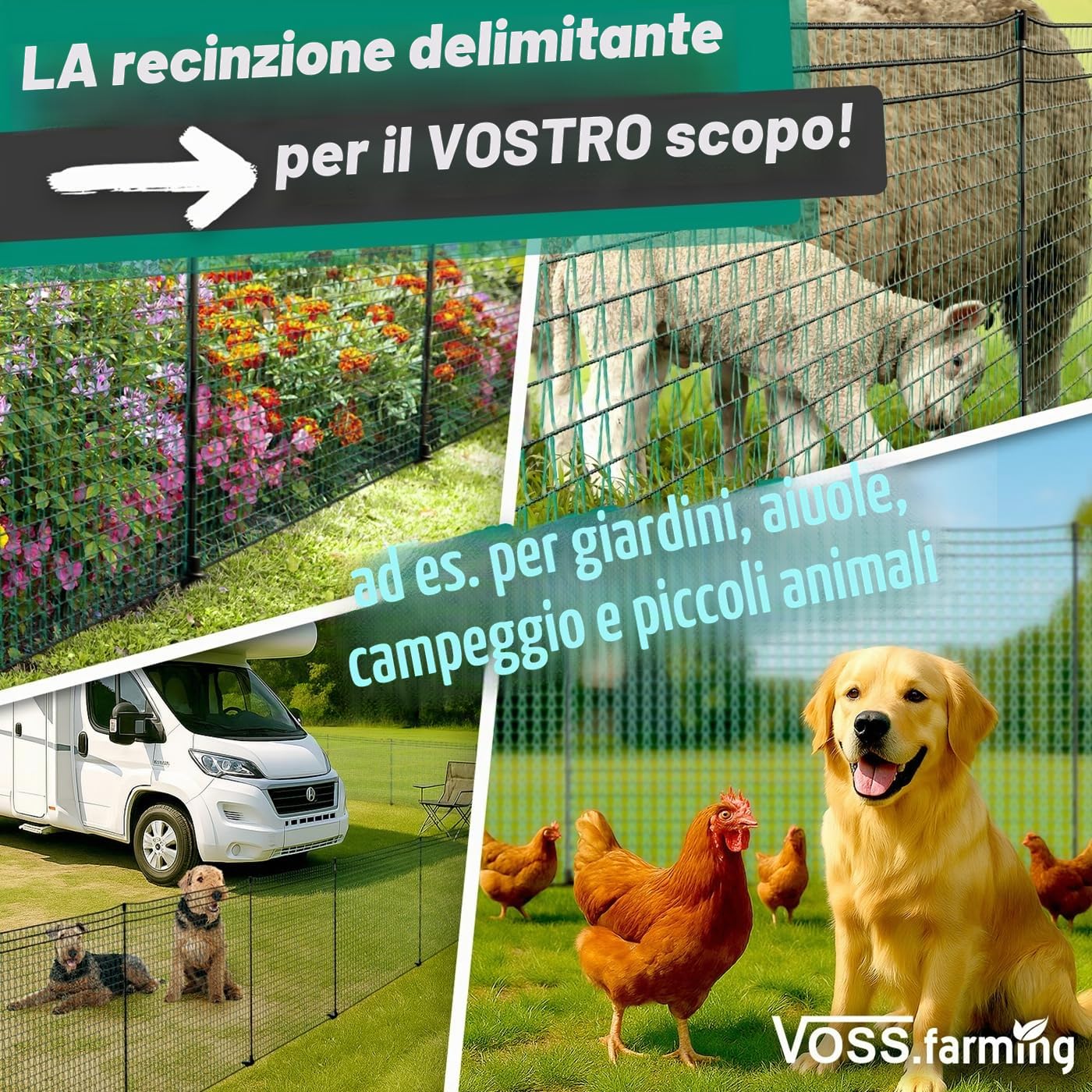 VOSS.farming Rete perimetrale Classic Premium, Altezza 80 cm e Lunghezza 20 m, con 12 Pali in Fibra di Vetro, Colore Verde, Uso Universale