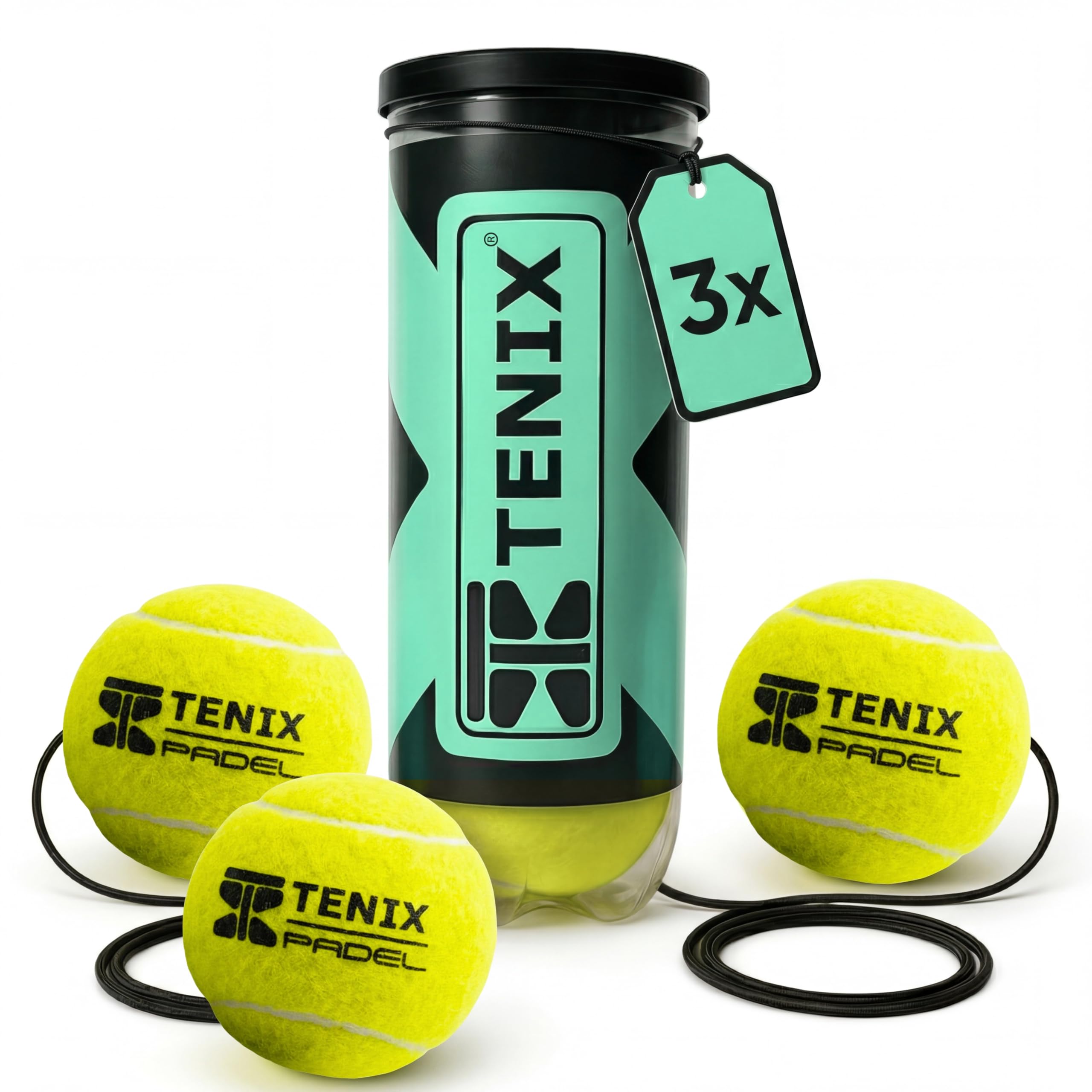 TENIX® 3er Set Padelball mit Schnur | Ersatzbälle für Padel-Trainer | inkl. druckversiegelter Padelballdose | Ersatzball mit elastischer Schnur für Padel Trainer