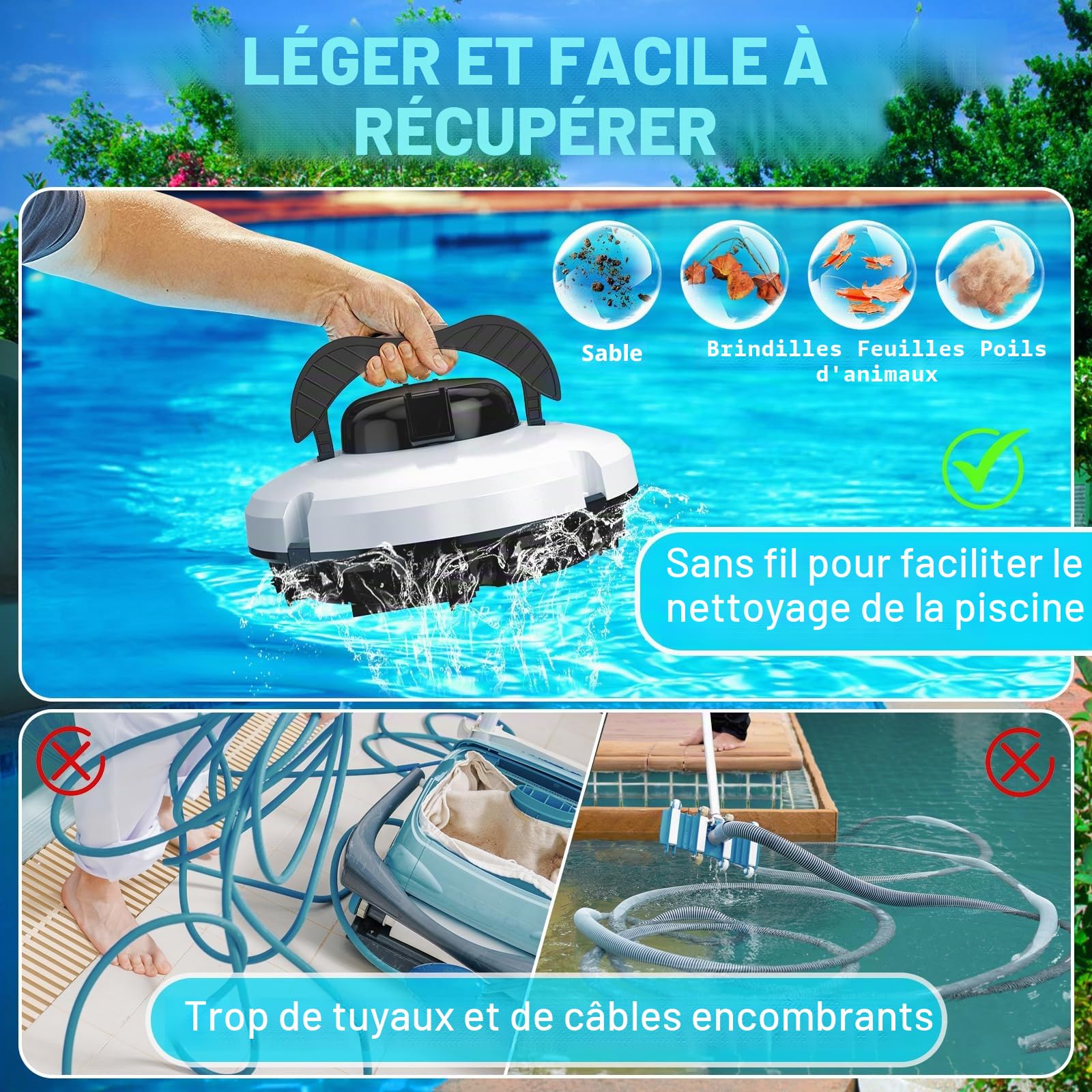 2026 Robot aspirateur de Piscine sans Fil pour Piscine Hors Sol 120 Minutes d'autonomie, Nettoyeur de Piscine Automatique pour Piscine creusée jusqu'à 1000 Pieds carrés Robot de Piscine autoparquant