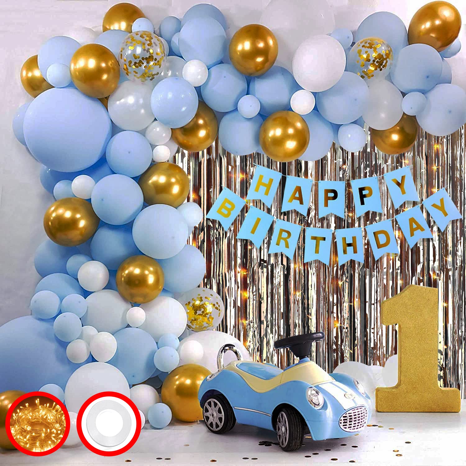 Party Propz Birthday Decoration Items for Boy - Huge 65 Pcs Kids Birthday Decorations Kit | Blue Happy Birthday Banner (Cardstock) | Blue Birthday Decorations | Gold, Blue Metallic Balloons