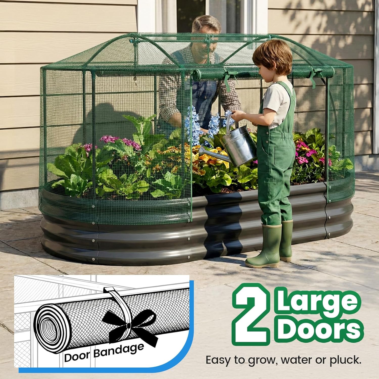 Raised garden bed with mesh cover and two large doors for access