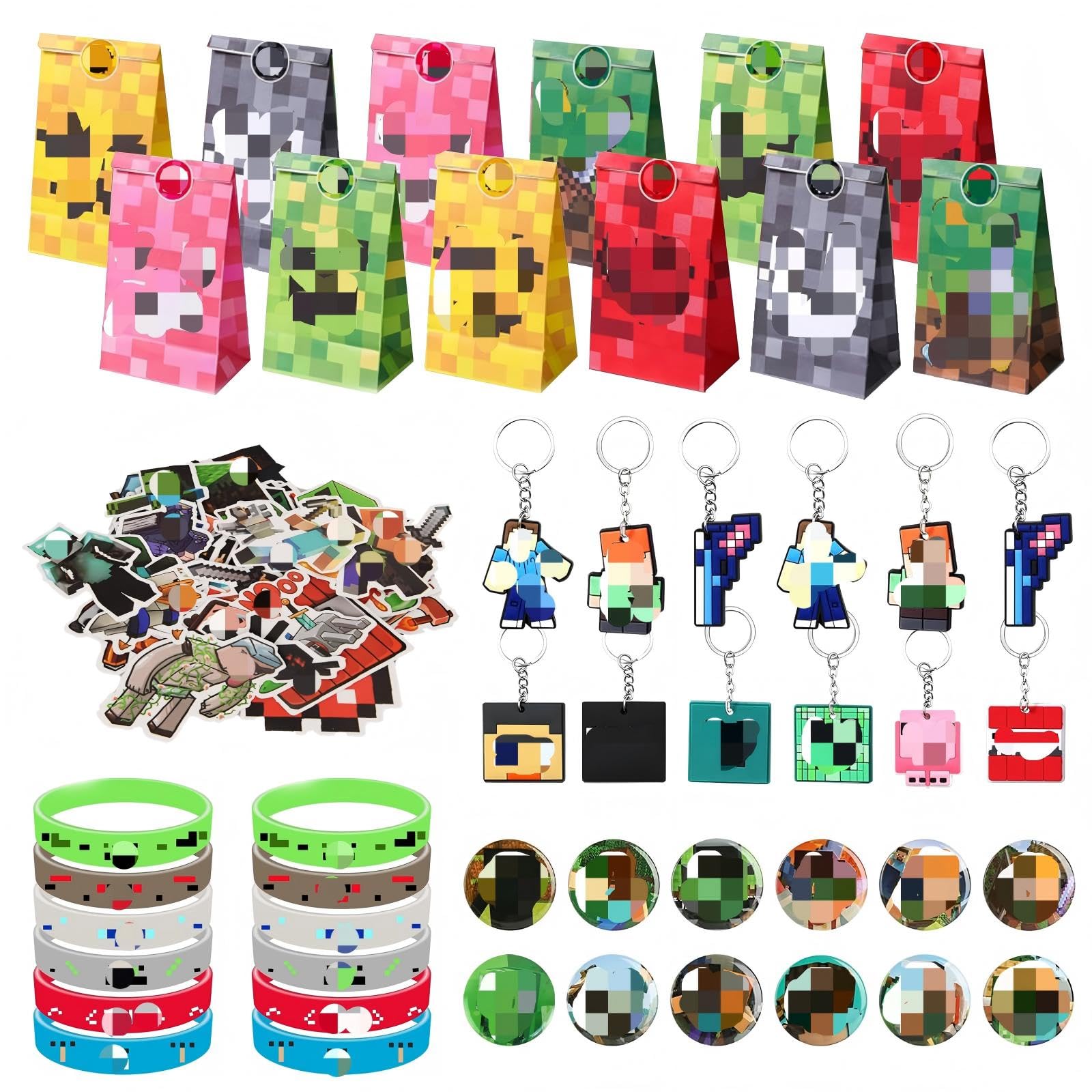 ARIEL-GXR 100pcs Gaming Party Bag Fillers, Gamer Party Favours, Party Bag Filler Set with Party Bags Gaming Keychain Silicone Bracelet Button Pins, Goodie Bag Fillers for Kids Boys