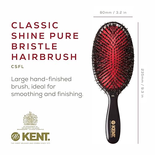 Miniatura 2 de Kent CSFL Classic Shine - Cepillo para alisar con cojín ovalado grande y desenredante de cabello, cepillo de cerdas de jabalí negro natural, cepillo
