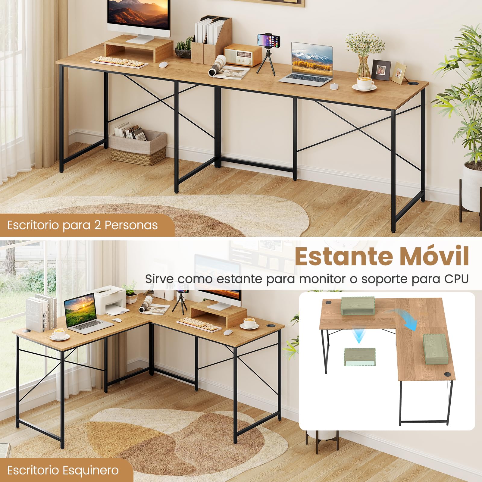 COSTWAY Escritorio de Ordenador en Forma de L, 3 Orificios para Cables, Estante Extra, 2 Formas, Mesa de Trabajo de 2 Personas，Mesa Escritorio Esquina Gaming, 240x60x74,5cm (Natural)