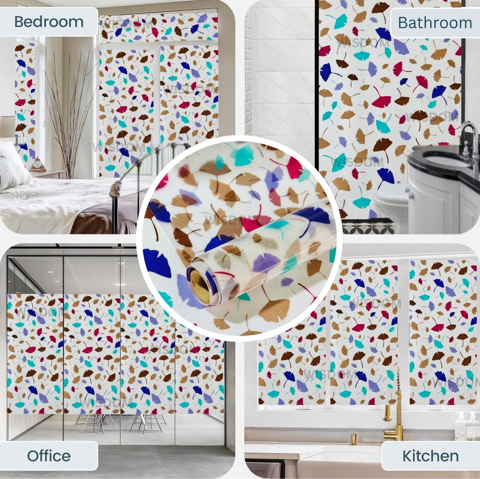 WISDOM Premium Frosted Glass Window Film Self Adhesive Decorative Glass Window Privacy Sheet Film UV Control Removable Vinyl Privacy Film (Color Leaves, 12x36 Inch) 4