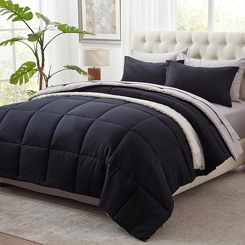 Hboemde Juego de edredón tamaño individual de 5 piezas reversible en una bolsa, juego de edredón y sábanas de color negro tamaño individual para