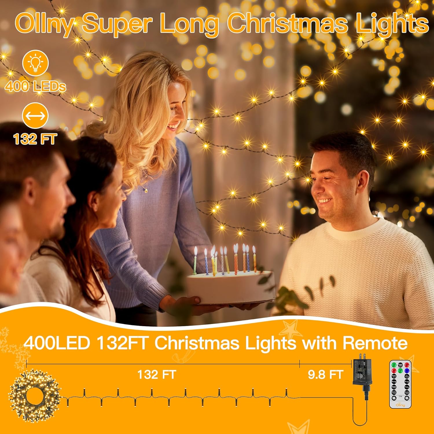Ollny 400 LED Christmas Lights illuminating a family gathering