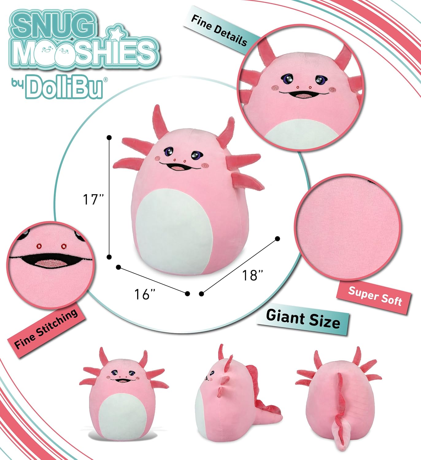 DolliBu Snug Mooshies Axolotl Stuffed Animal Plush Toy - Large Cuddly Wild Life Super Squishy Soft Toys, Huggable Big Plush Animals for Girls and Boys, Cute Toy Animal Pillow for Kids - 17 inches