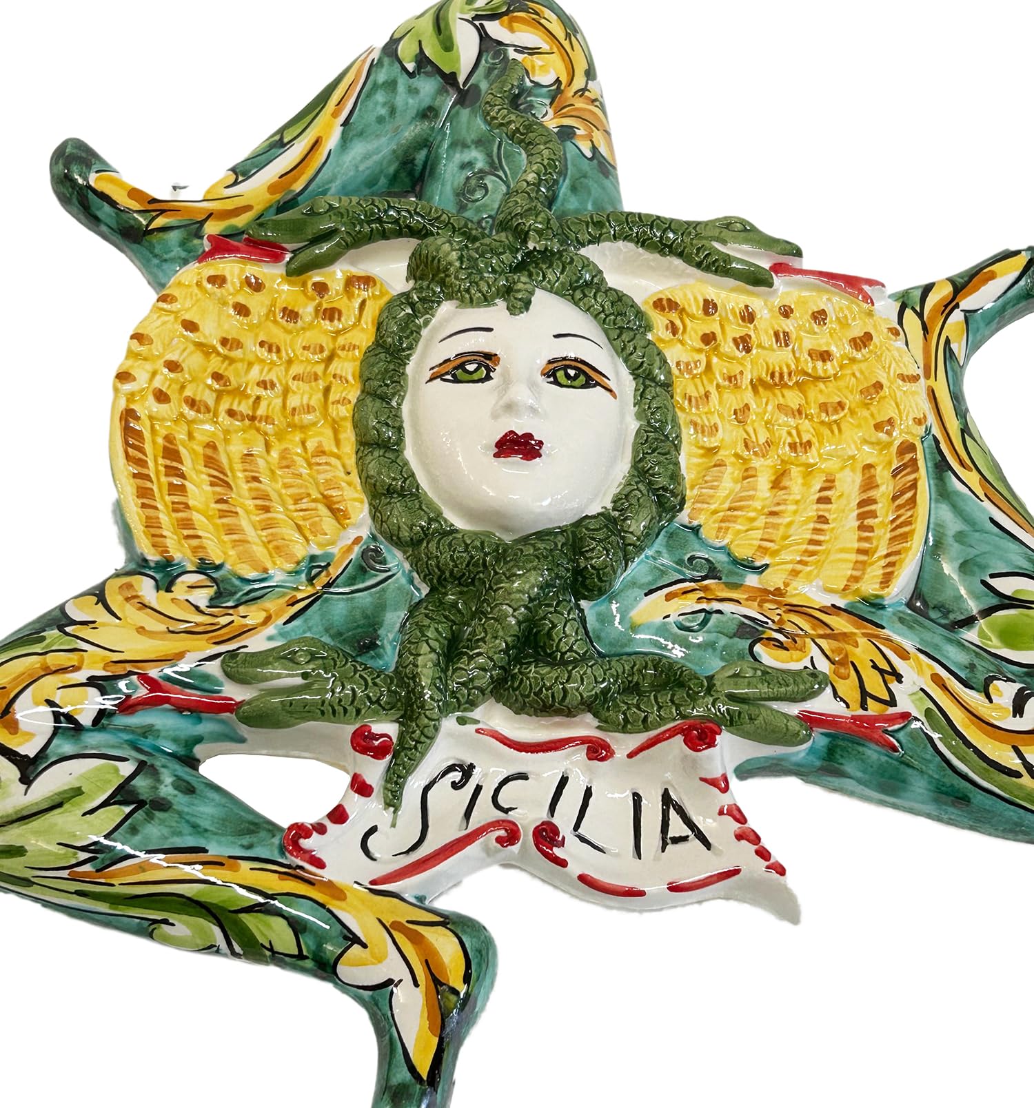 Caltagirone Trinacria aus Dicilianischer Keramik von Caltagirone, handgefertigte Dekoration (Grün, 28 cm)