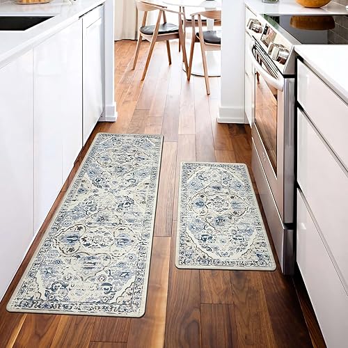 Miniatura 2 de Ileading Juego de 2 tapetes de cocina antifatiga, antideslizantes, impermeables, vintage, acolchados, cómodos, para cocina, fregadero y lavandería,