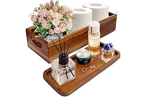 DEMIGO Bathroom Essentials: Natural Acacia Wood Toilet Tank Basket Topper and Vanity Tray