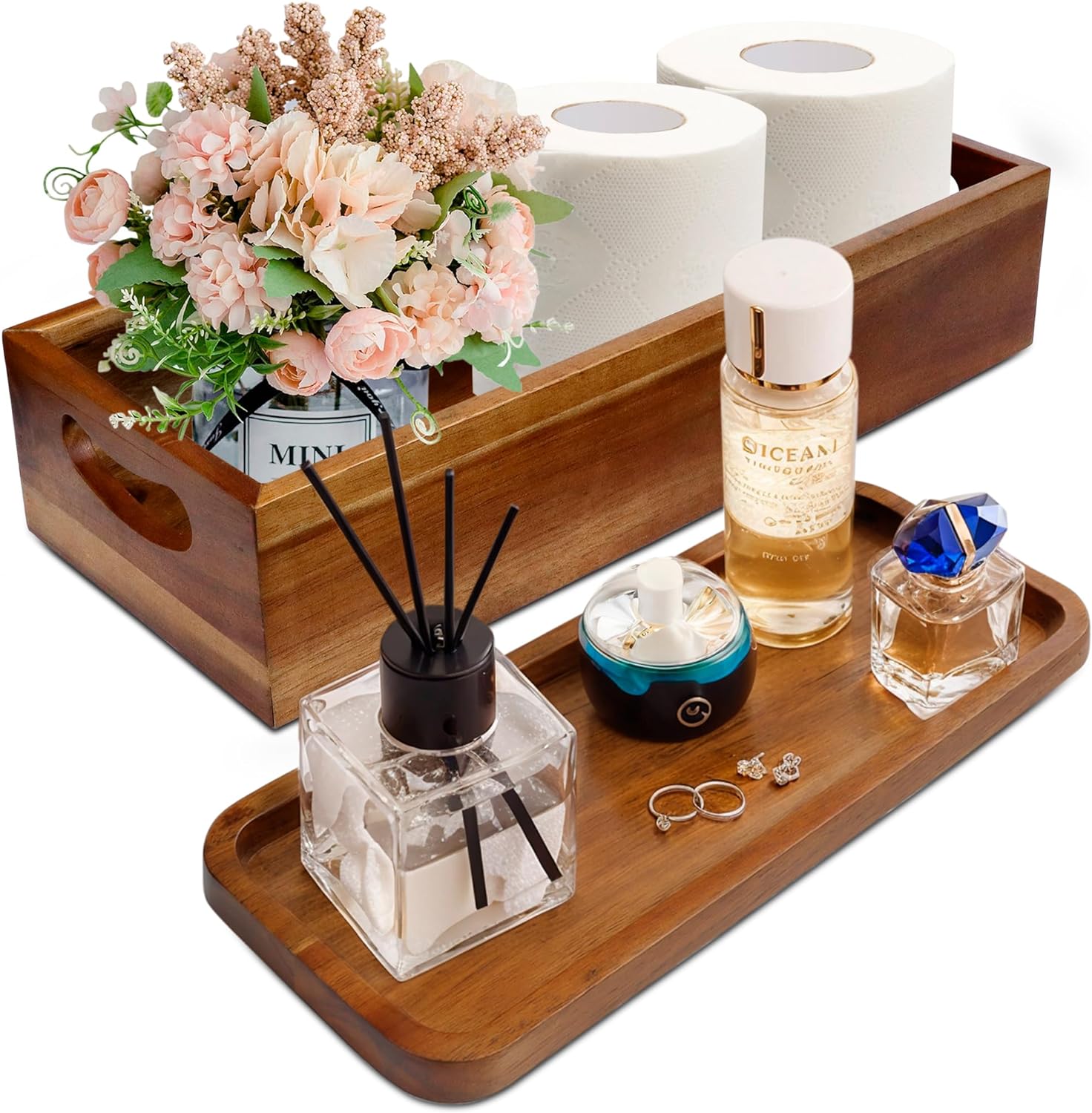 Handmade Toilet Tank Basket Topper & Vanity Tray Set of Natural Acacia Wood by DEMIGO, Created by Skilled Artisans, Smooth, Durable, Attractive Decor for Bathroom, Kitchen, Home, Spa Brown