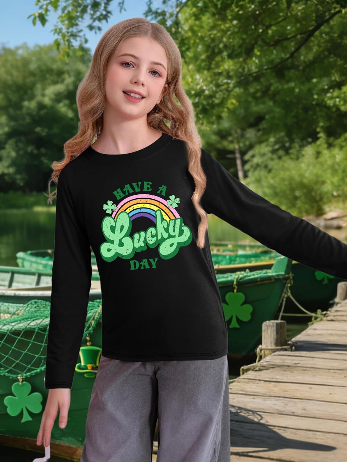 Kids St. Patrick's Day Shirts Girl Shamrock Graphic Shirts St Patty's Lucky T-Shirt Irish Long Sleeve Tops 5-14y - Image 2