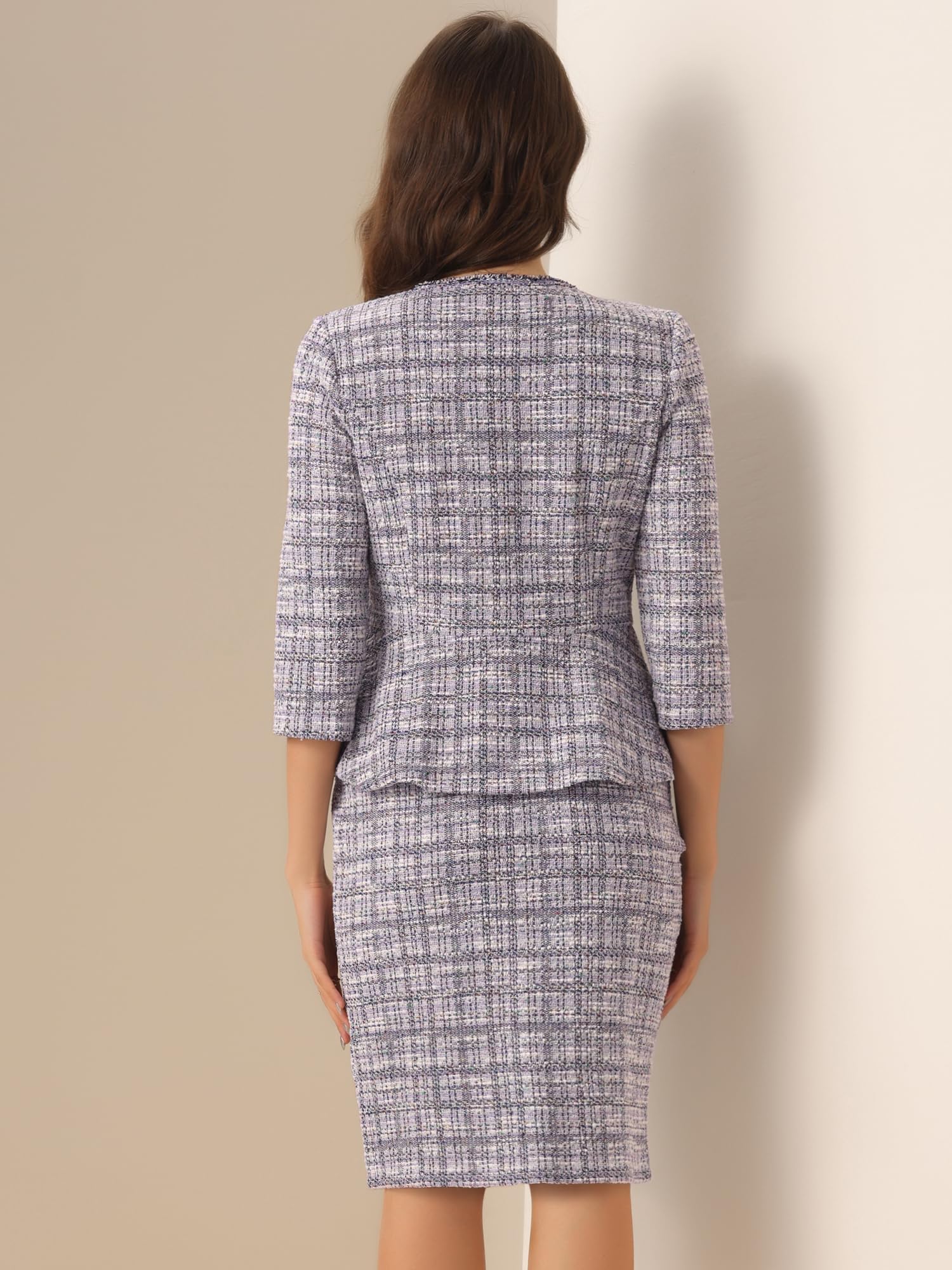 Allegra K Completo da Donna in Tweed Tailleur Gonna 2 Pezzi Giacca Cardigan con Maniche a 3/4 e Bottoni Gonna a Tubino Elegante