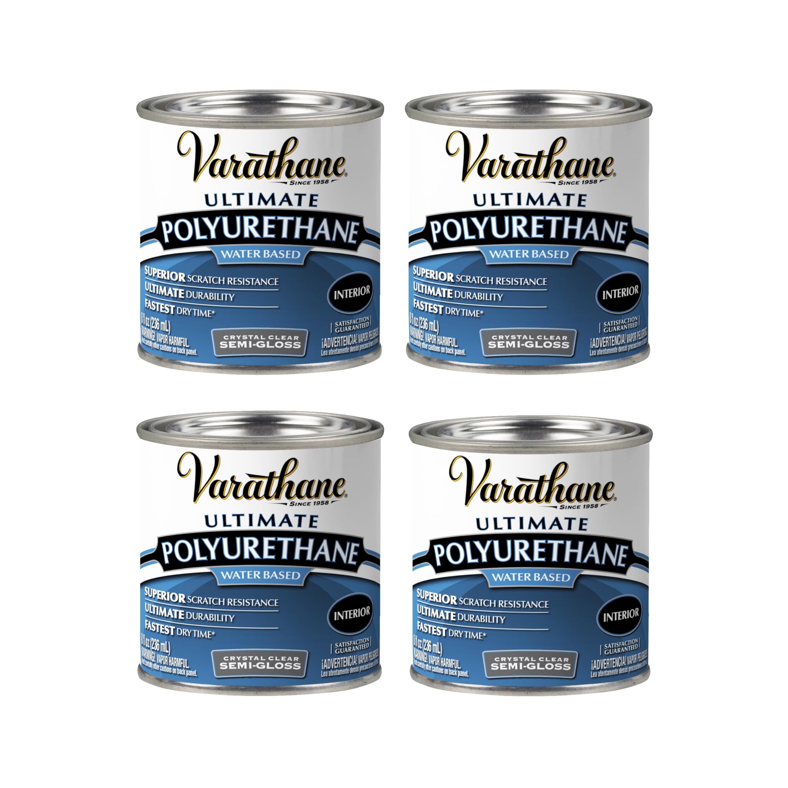 Varathane Water-Based Crystal-Clear Ultimate Polyurethane | Interior Wood Protection | Fast Dry Time | Easy Clean Up | Semi-Gloss | Half Pint | 4 Pack