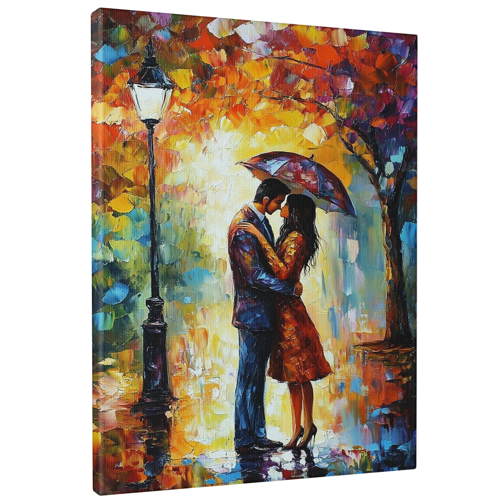 Romantic Couple Canvas Wall Art, Colorful Autumn Lovers Under Umbrella Painting, Impressionist Wall Art Gift for Living Room, Bedroom, Anniversary, Framed, 16x20 Inch