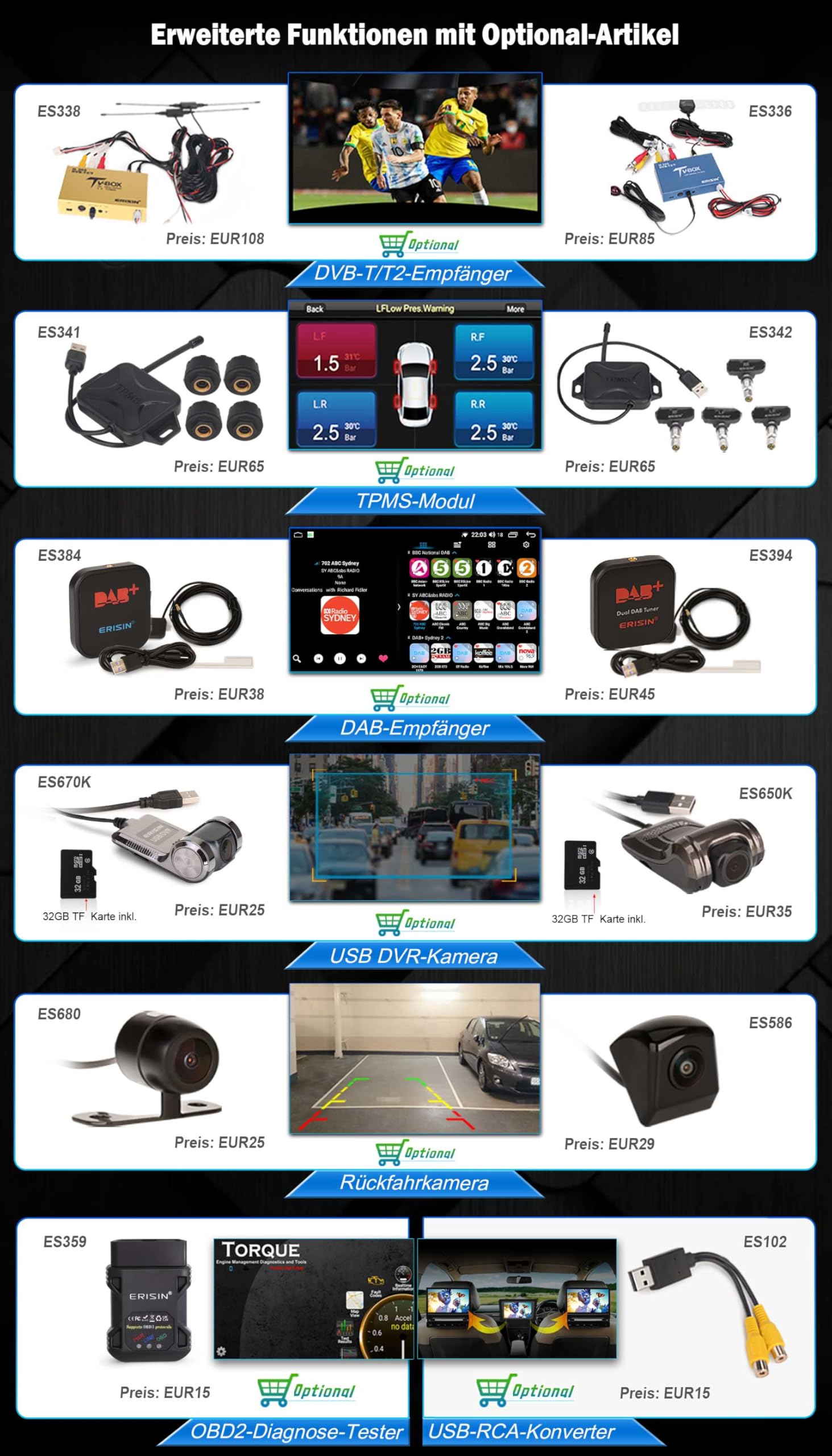 Erisin 8 Kern 4GB+64GB Android 16 Autoradio mit Bluetooth 5.0 Für VW Caddy Amarok Polo Crafter T6 Skoda Yeti GPS Navigation Unterstützt Drahtloses CarPlay Android Auto WiFi 4G USB DSP DAB+ FM Radar CD