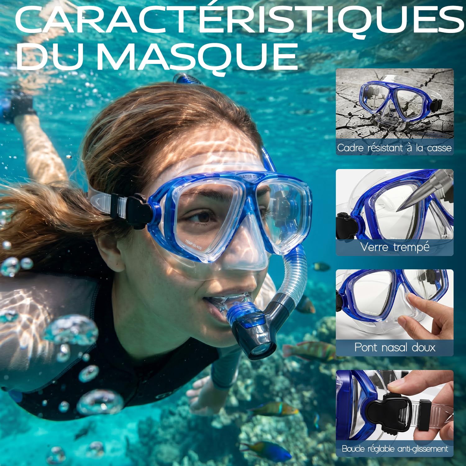 Set de Snorkeling pour Adultes – Masque en Verre Trempé, Tuba Sec avec Valve de Purge, Anti-Buée, Étanchéité Confortable dès 12 Ans