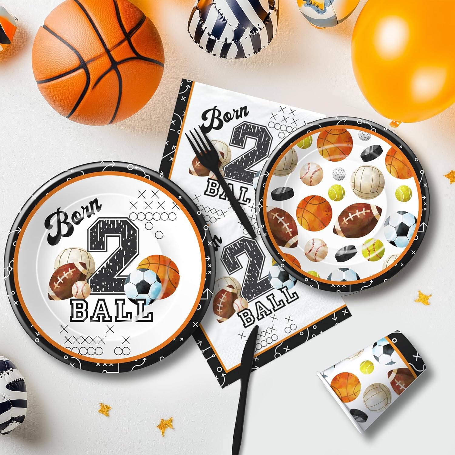 Sports 2nd Birthday Party Decorations, Sports Born Two Ball Birthday Party Supplies Tableware, Paper Plates and Napkins Set, Cup, Banner, Garland, Tablecloth, Cutlery, 24 Guests