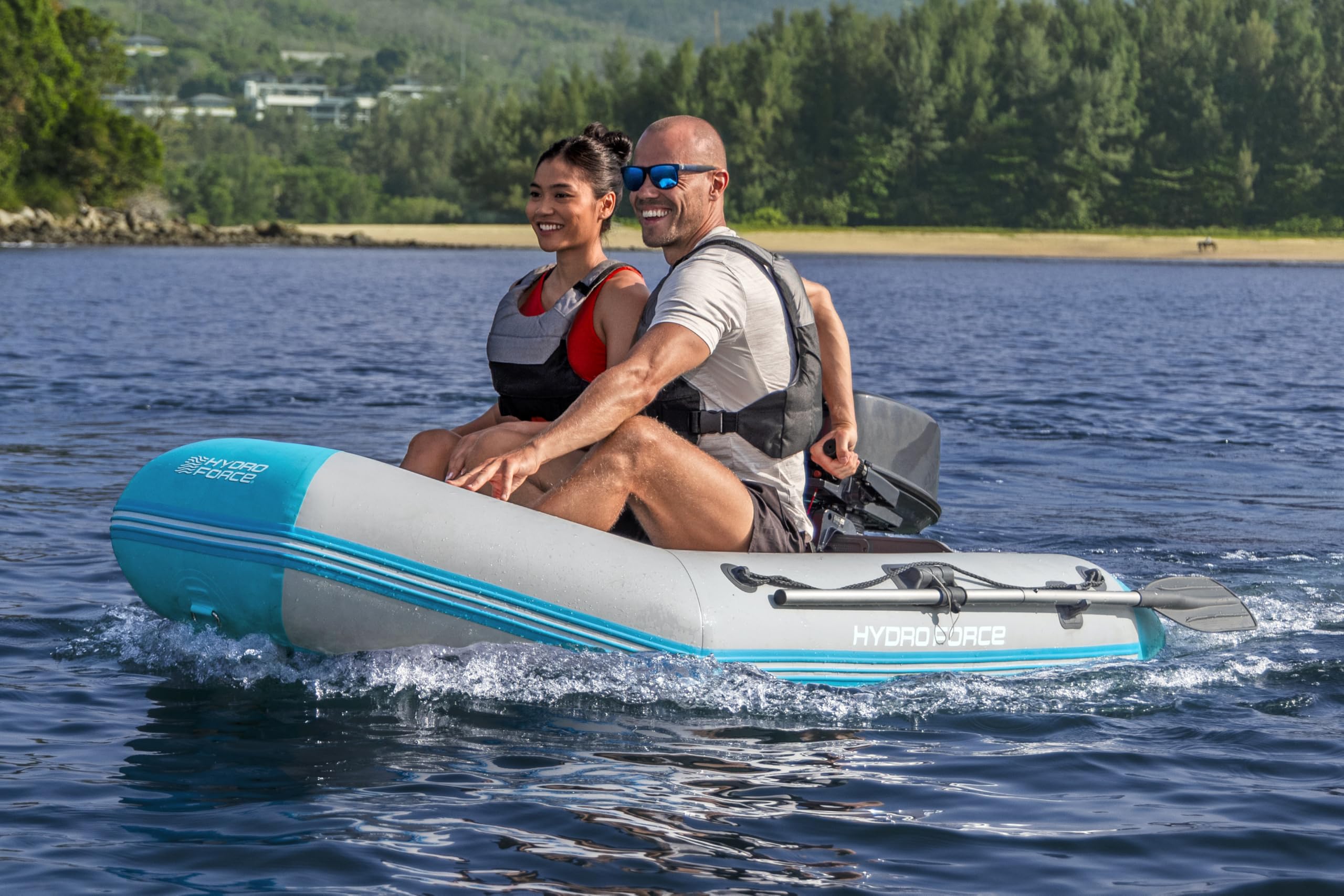 Bestway Hydro Force Sportboot Komplett-Set Corinth Elite, 230 x 130 x 33 cm, 2 Erwachsene, bis 280 kg, 3 Luftkammern, TriTech-Material, aufblasbarer Boden, Motorenhalterung, Ruder, Pumpe, Tasche