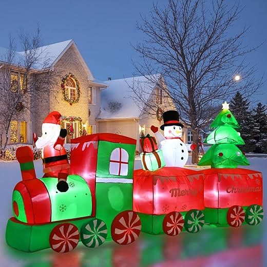 FRAMICS 10.5 FT Christmas Inflatable Train with Santa Claus, Multicolor LED Lights, Polyester Material, Easy Setup, Outdoor Christmas Inflatables