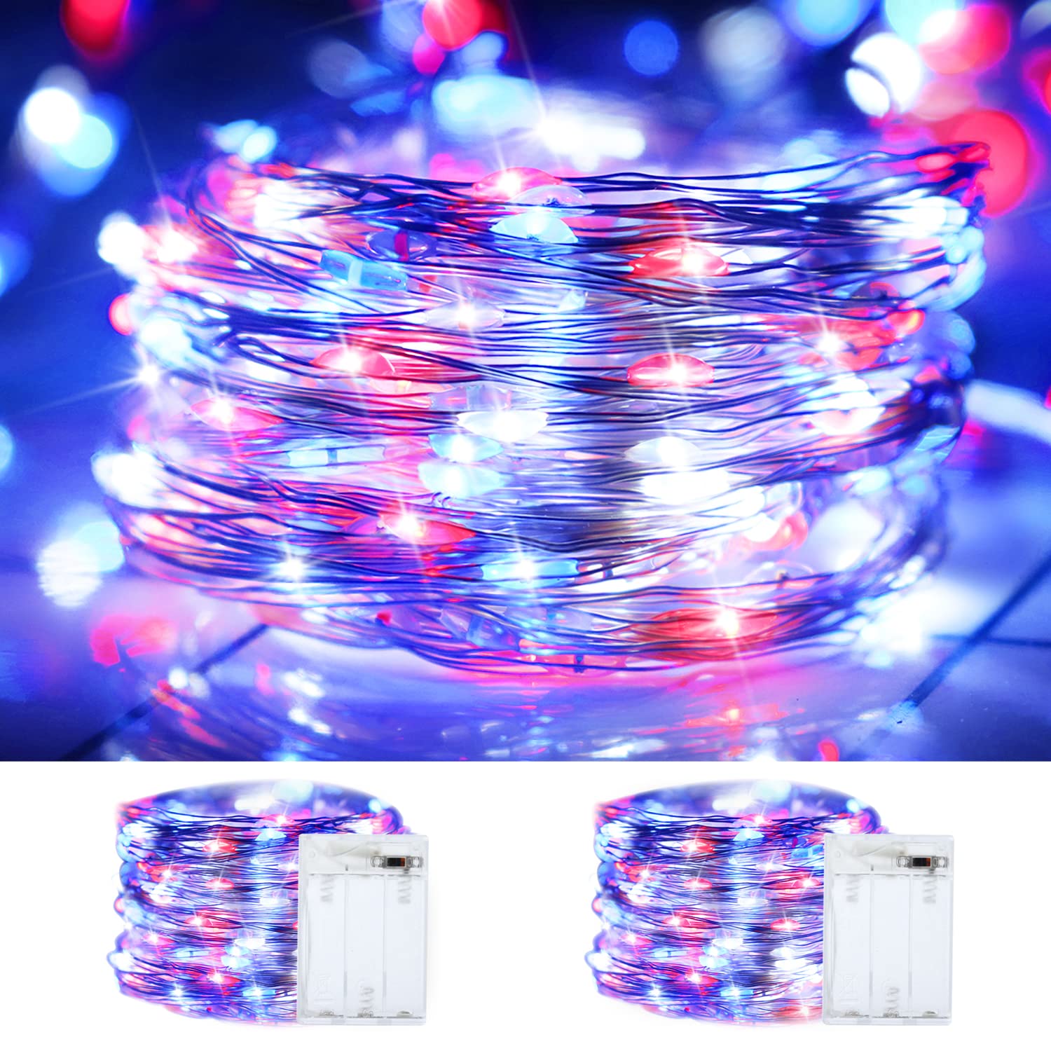 4th of July Decorations Fairy Lights Patriotic, 2 Pack 100LED Copper String Lights Outdoor Twinkle Lights for Fourth of July, Christmas, Memorial Day, Independence Day Decor- Red White Blue