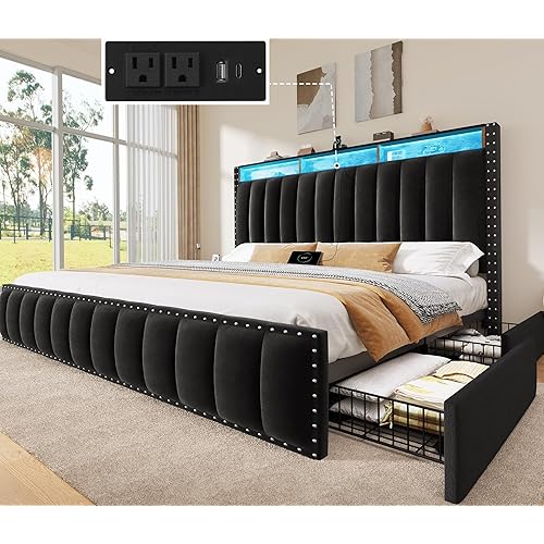 YITAHOME King Size Bed Frame with 4 Storage Drawers and RGB LED Lights, Velvet Upholstered Platform Bed with Charging Station and Bookcase Storage Headboard, No Box Spring Needed, Easy Assembly, Black