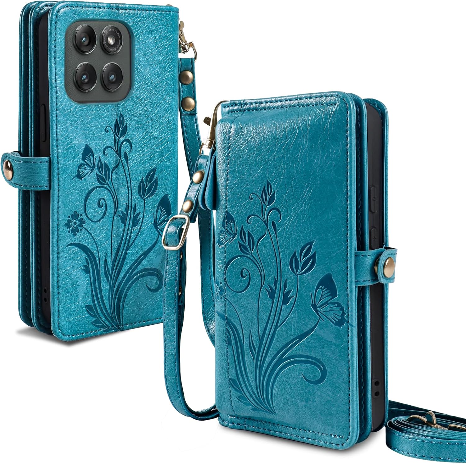 Lacass for Motorola Moto Edge 5G 2025 Case Wallet,[Cards Theft Scan Protection] Card Holder Zipper Leather Flip Cover Crossbody Wrist Strap Phone case(Floral Blue Green)