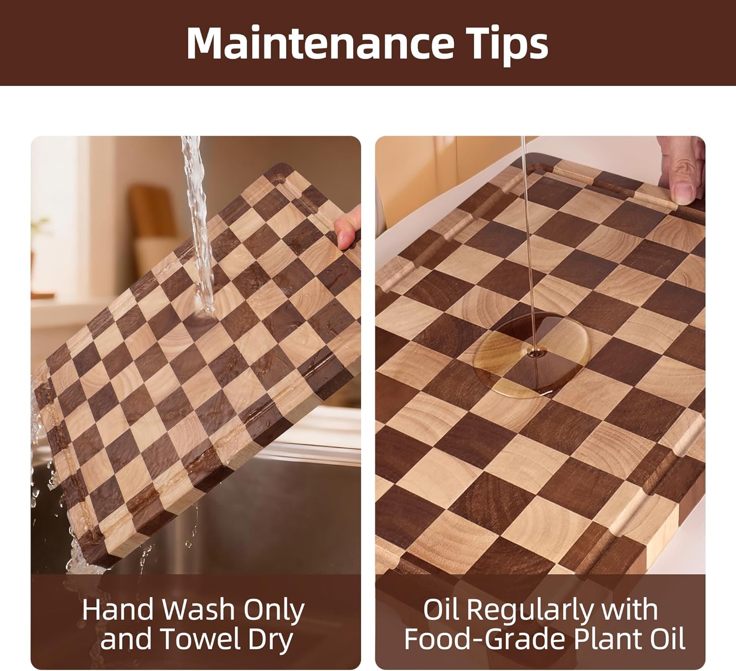 Checkered Cutting Board and Acrylic Cutting Board Set- 2-Piece Kitchen Board Set, Wood Checkerboard End Grain Chopping Boards with Juice Groove & Acrylic Board with Counter Lip