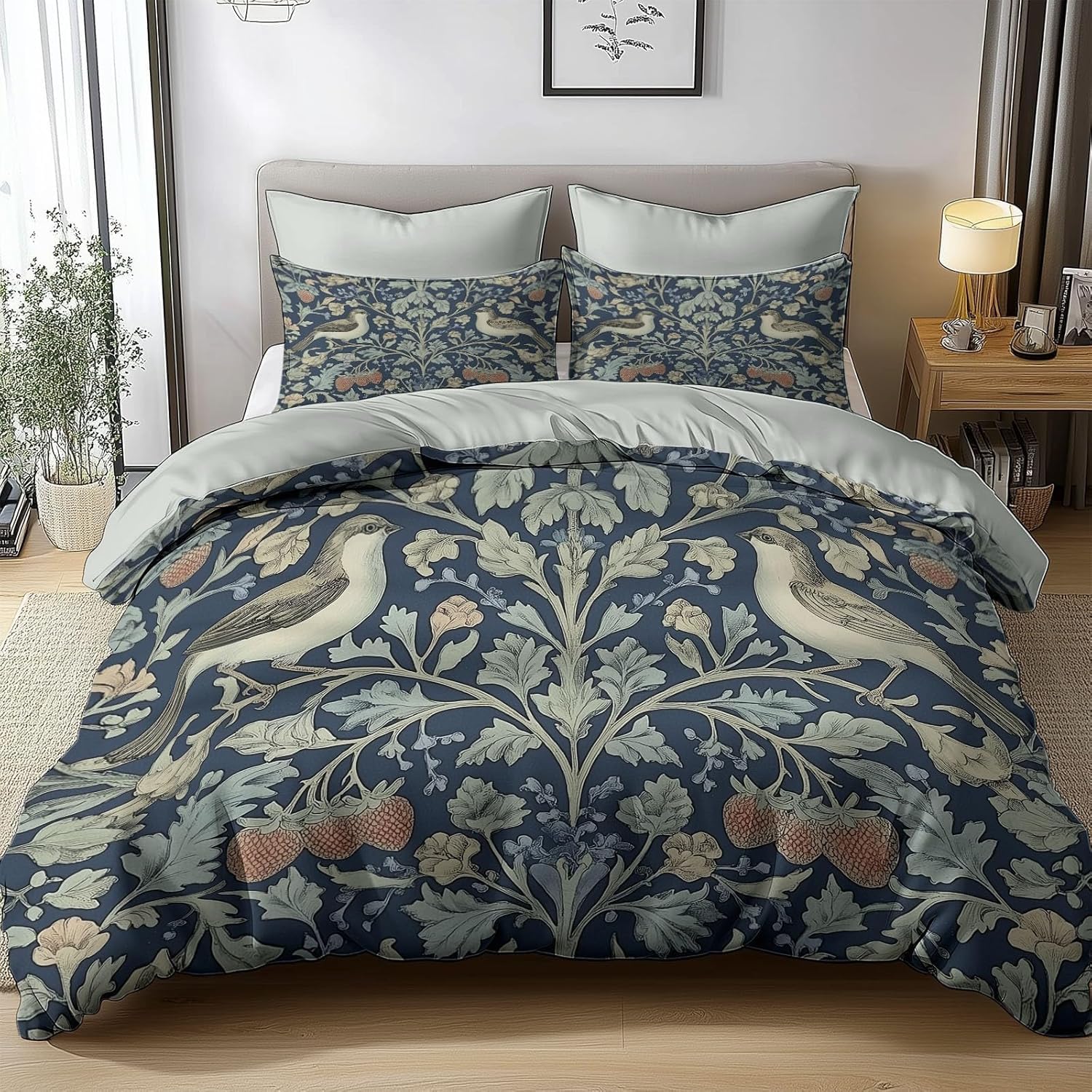 Housse de Couette Imprimée Fleurs et Oiseaux De William Morris 200x200 cm, Parure de Lit Plants De Fraisiers pour Ado Adulte, Ensemble de Literie en Microfibre Douce avec 2 Taies d’Oreiller d-1049