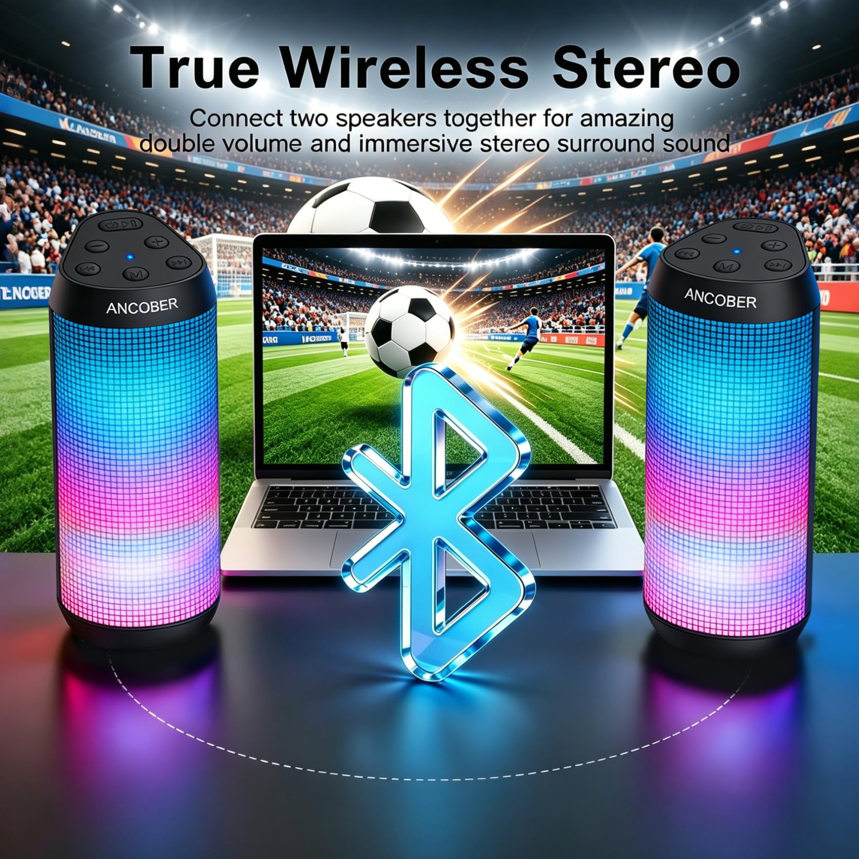 Altoparlante Bluetooth, altoparlante wireless portatile con suono forte stereo HD, luci LED RGB, tempo di riproduzione 36 ore, accoppiamento surround TWS, impermeabile IPX4, BT5.3 con AUX, per esterni