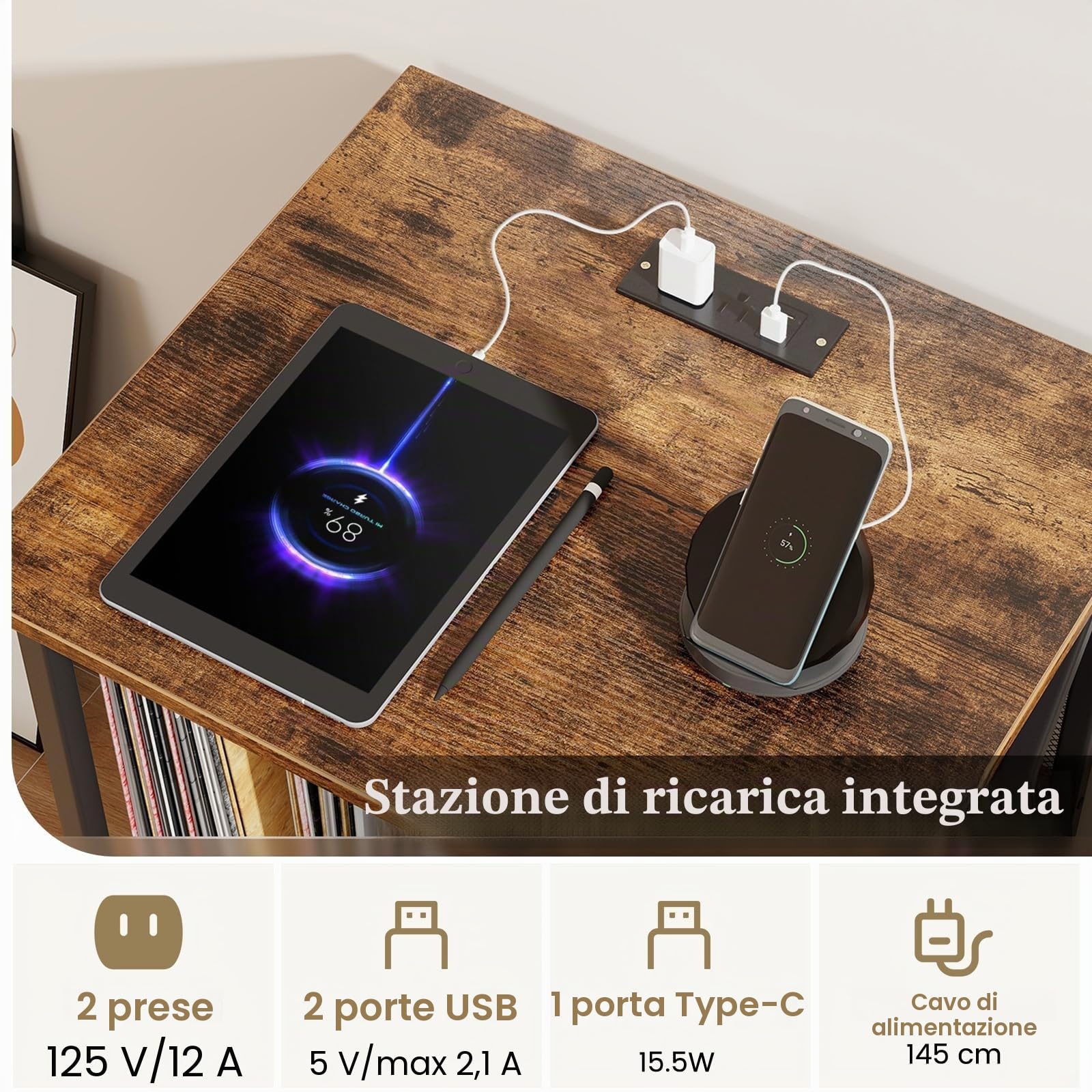 KOMFOTTEU Supporto per Giradischi in Vinile Fino a 250 Album, Mobile Porta Vinili con Ruote, Espositore per Dischi, Divisori Rimovibili e Scomparti Aperti (Marrone)
