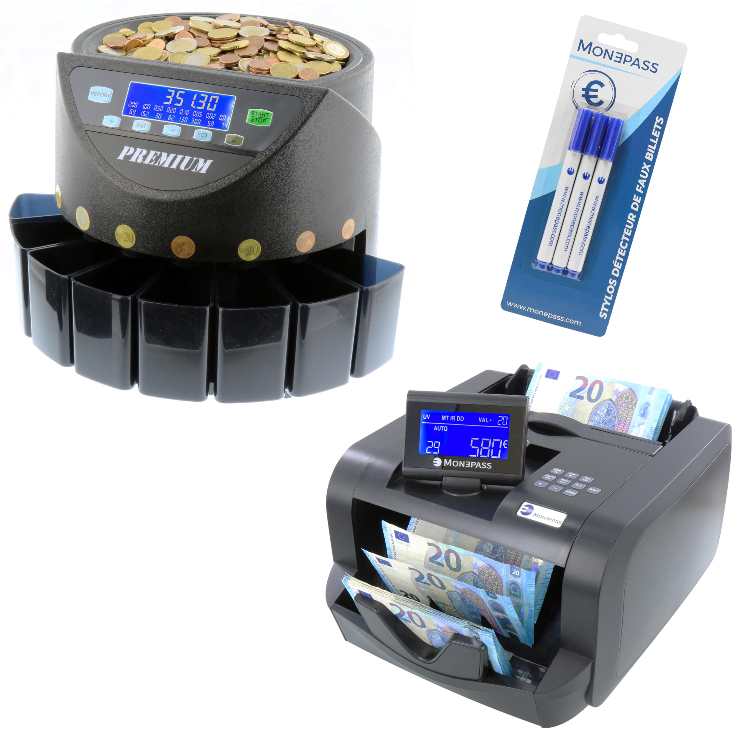 PACK INTEGRAL Compteuse de Billets Trieuse de Pièces avec Feutres Détecteurs