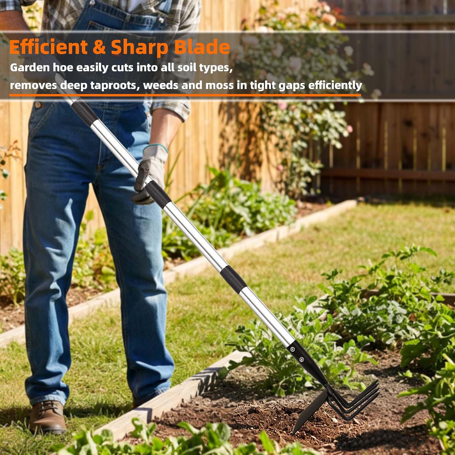 Garden Hoe & Cultivator, Efficient Long Handle Garden Tool, 2-in-1 Hand Cultivator and Gardening Hoe for Raised Beds, 60inch Heavy Duty Hoe Garden Cultivator for Loosening, Weeding, Planting