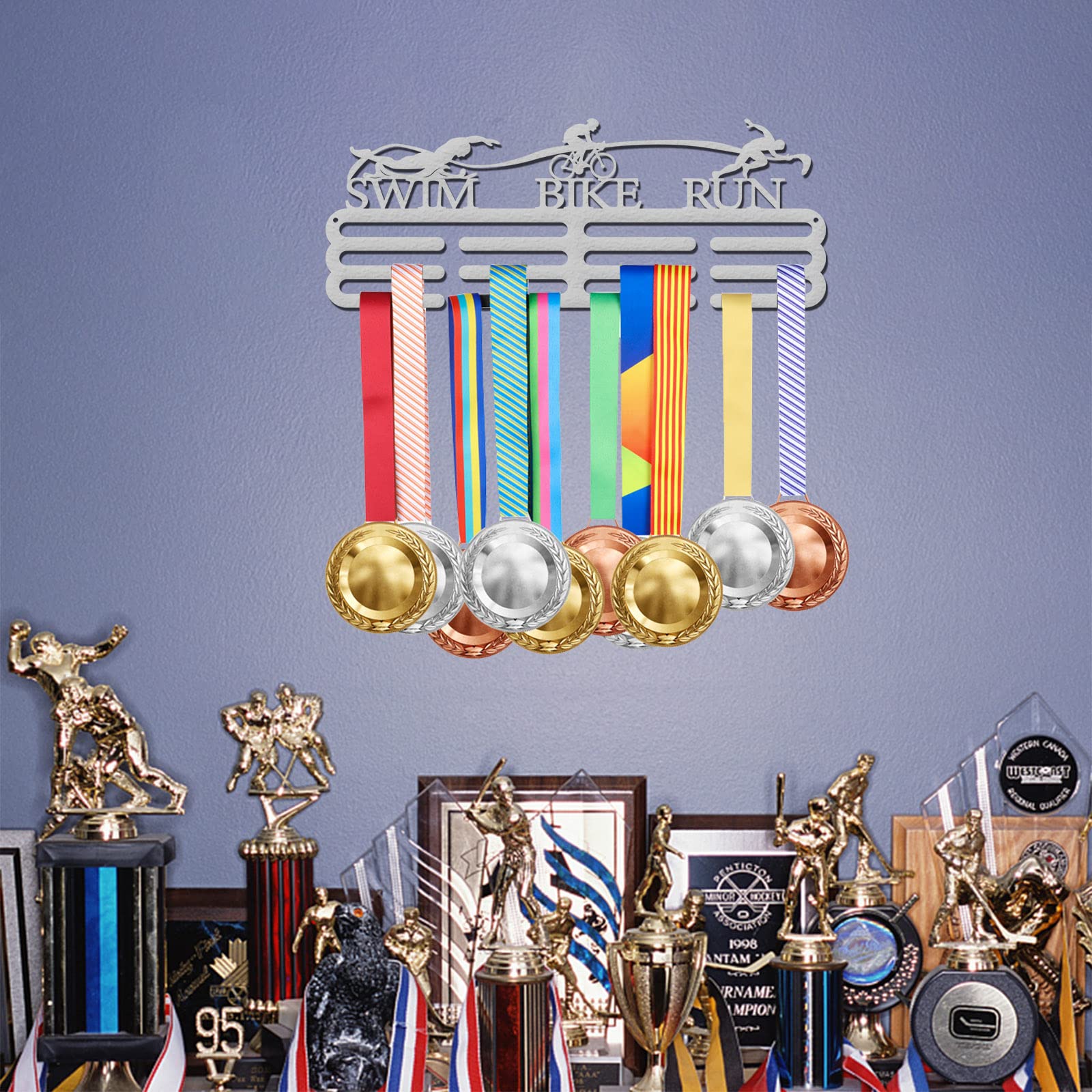 SUPERDANT Colgador de Medallas de Triatlón Plateada 60 Marco de Soporte Gancho de Hierro