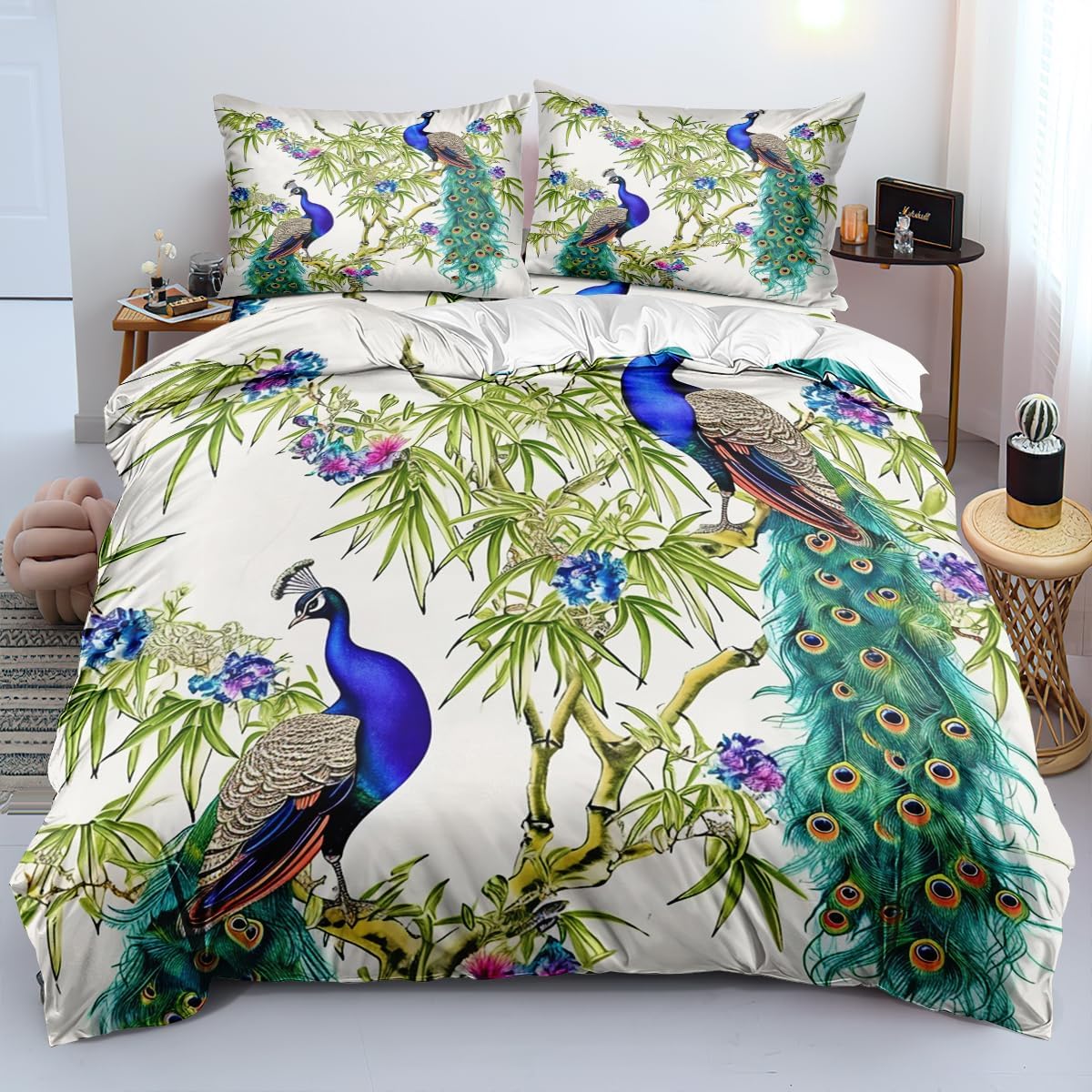 Purple Peacock Duvet Cover Queen Size, Unique Exotic Animal Bedding Set Colorful Flower Bird Duvet Covers Set Boho Chic Bedding Set, with 2 Pillowcases（Girls Women Adult）