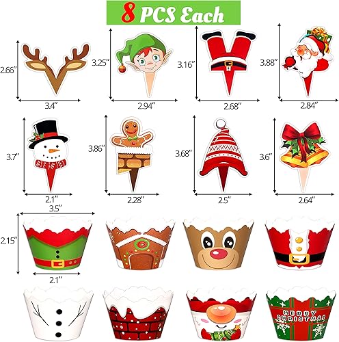 Miniatura 5 de 128 piezas de adornos navideños para cupcakes, suministros de fiesta, regalos de muñeco de nieve, Papá Noel, reno, elfo, gnomo, pan de jengibre