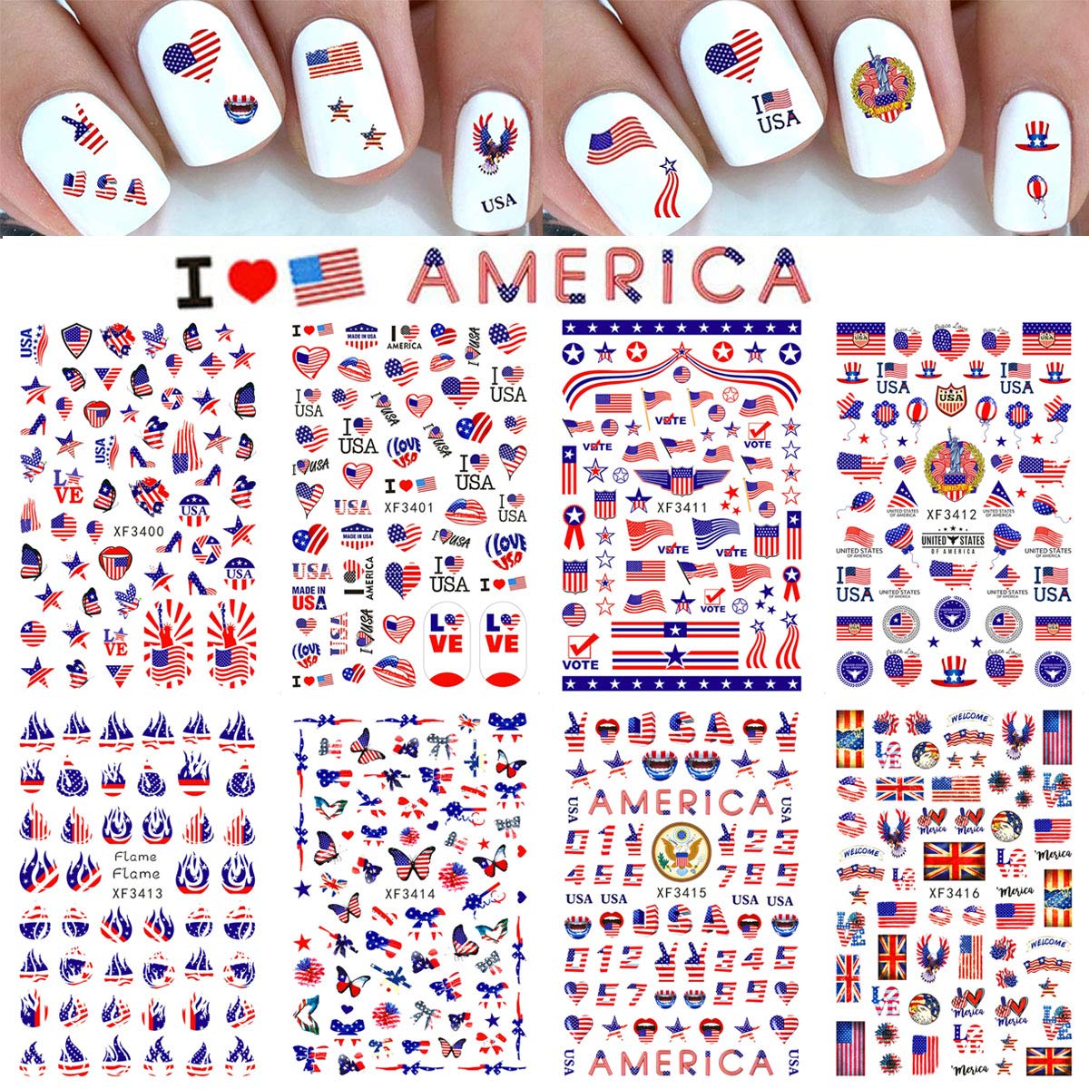 8 Sheets August 7, July 4, Nail Art Stickers Decals Patriotic Designer Nail Stickers 3D Self-Adhesive Acrylic Nail Supplies Nail Art Decoration I Love American Nail Stickers Female Girl Manicure