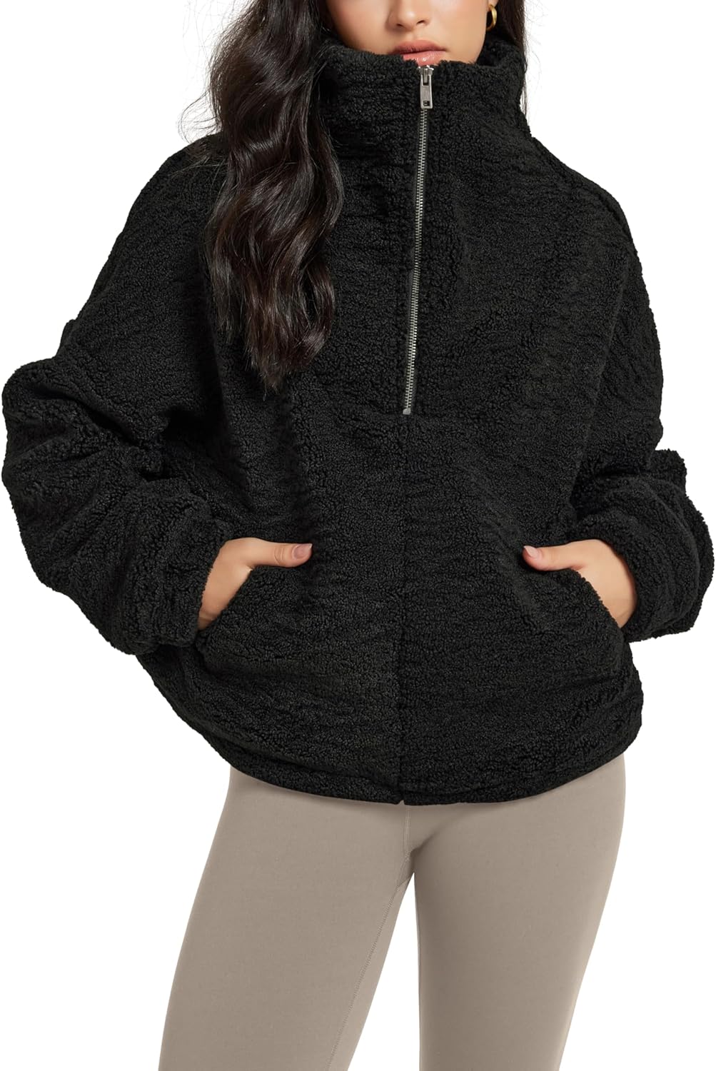 ODODOS Women's Sherpa Fleece Half-Zip Pullover - Cozy Warm Long Sleeve Sweatshirt Cinchable Outerwear with Pockets