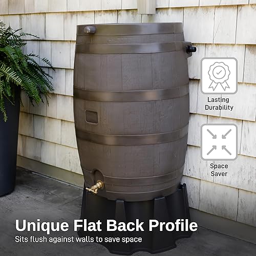 Miniatura 5 de RTS Home Accents Barril de lluvia de 50 galones con kit de enlace, barril de recolección de agua de lluvia de respaldo plano, kit de eslabones