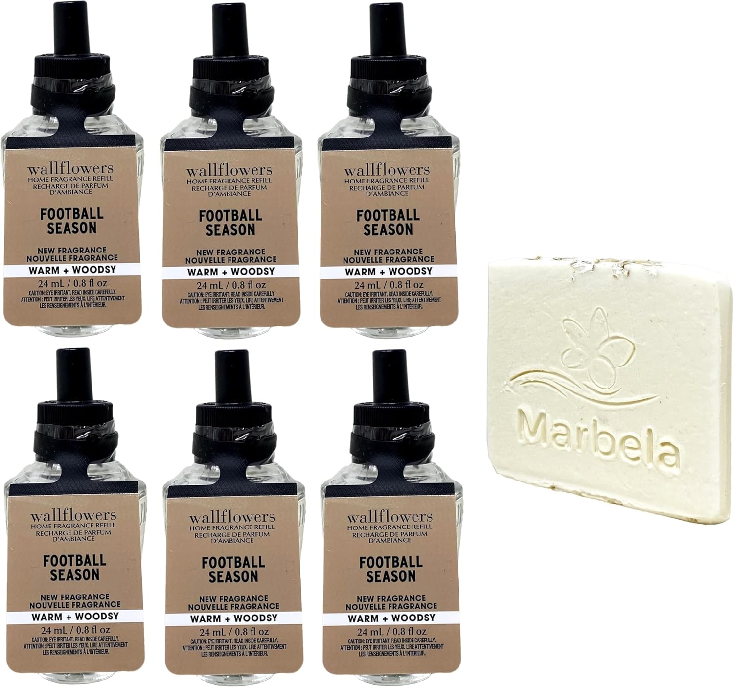 Bath & Body Works Football Season 6 Pack Wallflowers Home Fragrance Refill Bundle with a Natural Oats Sample Soap