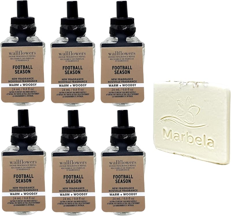 Bath & Body Works Football Season 6 Pack Wallflowers Home Fragrance Refill Bundle with a Natural Oats Sample Soap