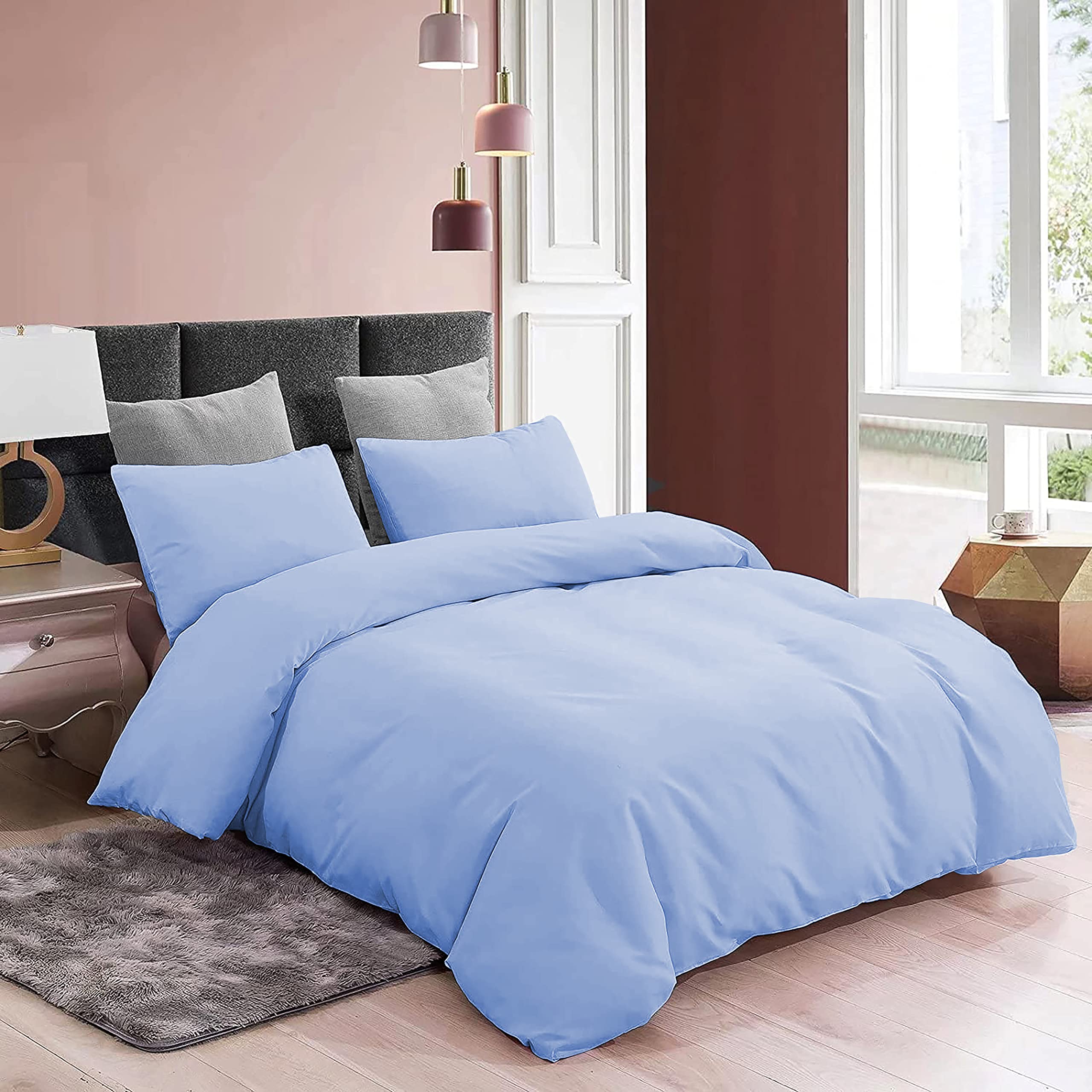 YRM Bedding's Duvet Covers - 100% Microfiber, 3-Piece Duvet Cover Set, Ultra Soft with Zipper Closure Duvet Cover(91X101 Inches) and 2 Pillow Cover (18X28 Inches) - Double Bed Size/Sky Blue 1