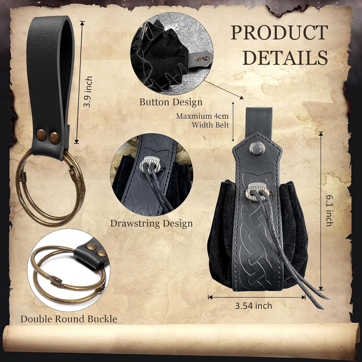 Belt Pouch Waist Bag Fanny Pack Steampunk Phone Holder Medieval Bag Leather Belt Renaissance Cosplay Costume Accessories (2Pouch-Black) - Image 9