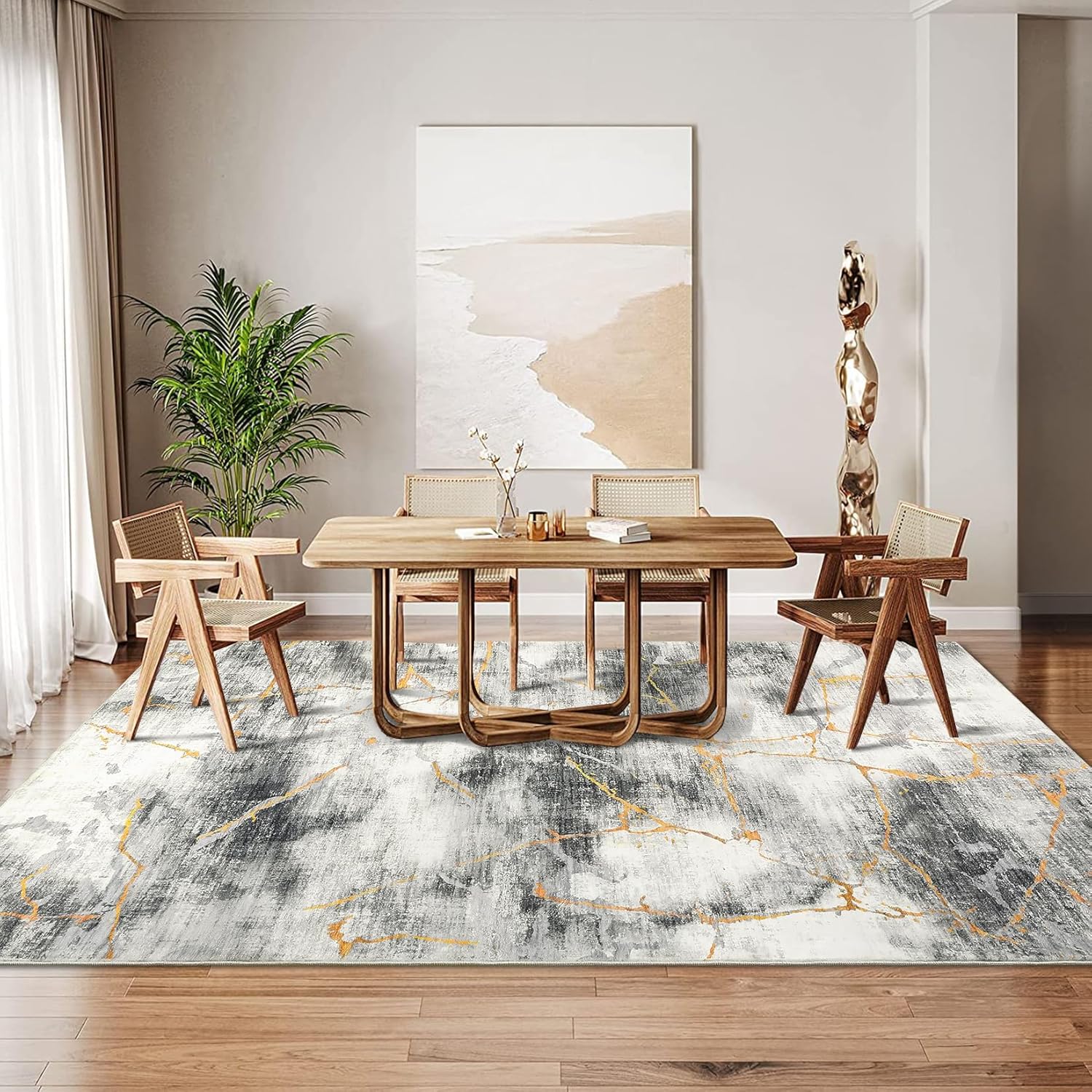 GarveeHome Washable Rugs 9 x 12 Rug for Living Room Modern Rug Abstract Non Slip Large Area Rug Soft Non Shedding Throw Rugs Stain Resistant Carpet for Bedroom Office Dining Room Grey/Gold 9 ft x12 ft - Image 7