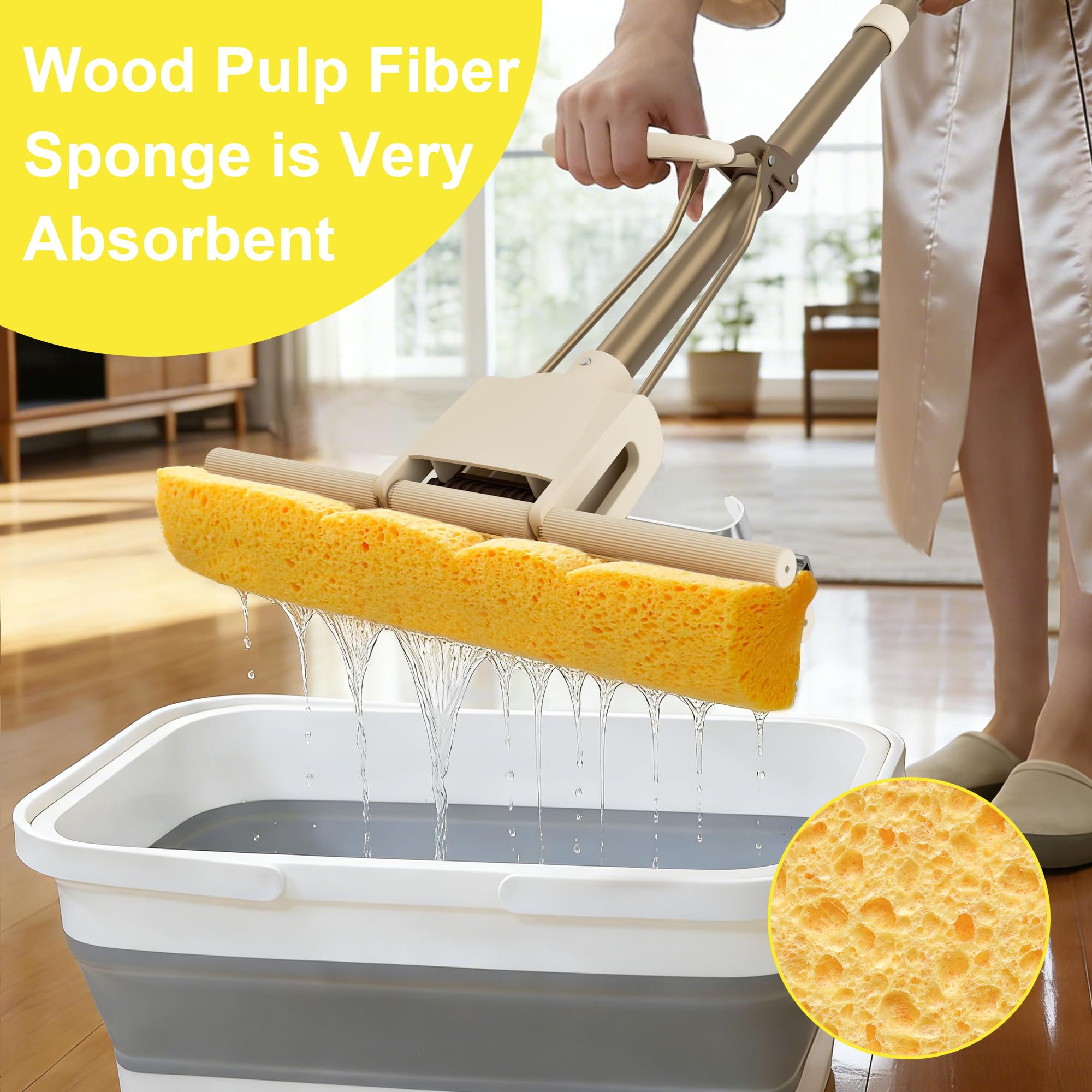 LILAC Mopa de esponja de celulosa con 2 cabezales de repuesto, mango codificado en 4 colores para limpieza zonal, mopa con rodillo desplegable súper absorbente para madera dura, suelos laminados