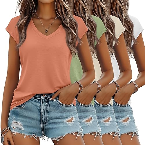 4 Pack Women's V Neck T Shirts, Cap Sleeve Tops